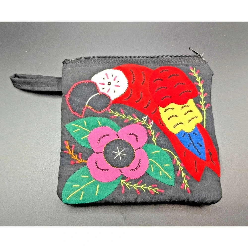 Guatemalan Quilted Cotton Parrot Coin Purse Black Floral Embroidered Zip Clutch
